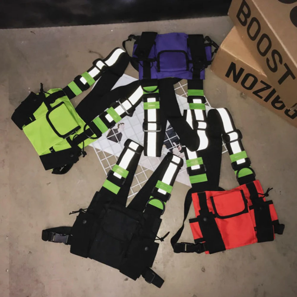 Men Tactical Shoulder Bags Reflective Vest Chest Rig Bag Hip Hop Streetwear Men Functional Waist Packs Adjustable Pockets