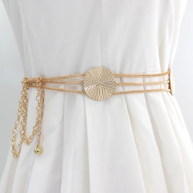 

Elegant Round Metal Belt Retro Gold Chain Long Belts Fashion Dress Hook Adjustable Waist Belt Decorative Lady Waistband