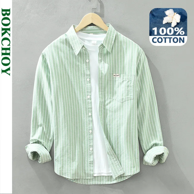 

Autumn New Casual Striped Oxford Shirts for Men Pure Cotton Slim Turn-down Collar Shirts C6628