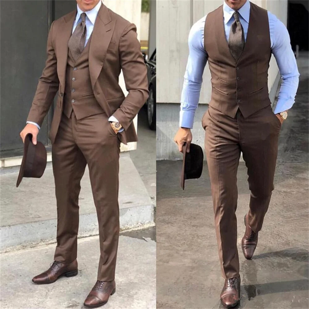 Brown Classic Men Suit 3 Pieces Tuxedo Peak Lapel Groomsmen Wedding Suits Set Fashion Men Business Blazer Jacket+Pants+Vest