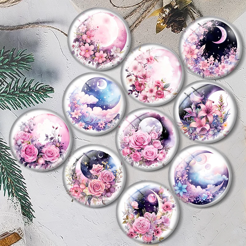 

Watercolor Pink Floral Moon 10pcs 12mm/16mm/18mm/25mm Round Photo Glass Cabochon Demo Flat Back Making findings