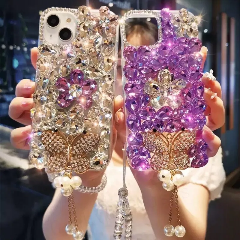 Elegant Transparent Rhinestone Lanyard Phone Case with Butterfly Design