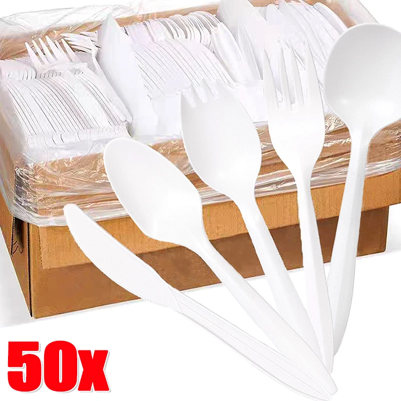 Plastic Tableware Set 50-5Pcs Disposable Tableware Biodegradable Plastic Soup Spoons Fork Knife for Parties Lunches Picnics Desserts or Appetizers