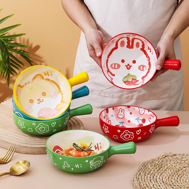 Cerc Soup Bowl with Handle for Oven Use Fruit Salad Bowl Single Handle Instant Noodles Bowl Cartoon Design Student Dormi