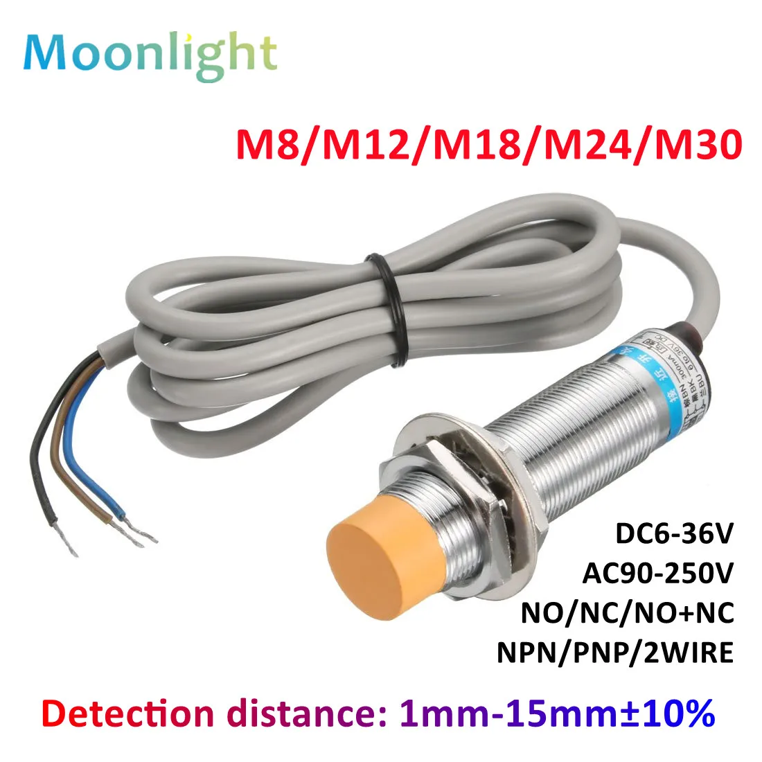 Sensore di prossimità giallo interruttore sensore di prossimità induttivo M8 M12 M18 30 4mm DC 12V AC 110V NO NC NPN PNP rilevamento interruttori metallici