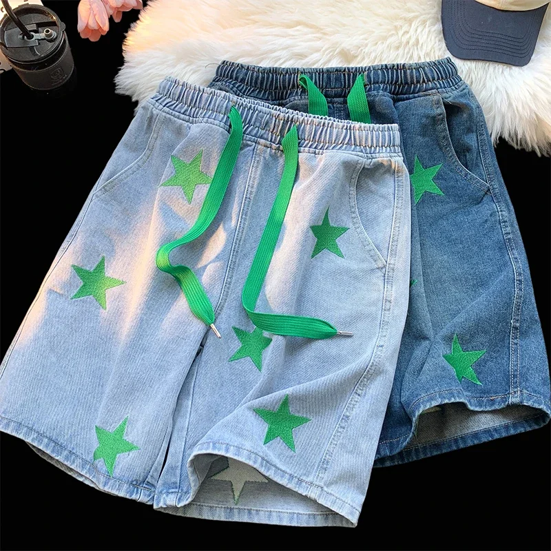 Star Patchwork Blue Color Jeans Summer Men Denim Shorts Trendy Streetwear Five-point Pants Straight Jeans Shorts