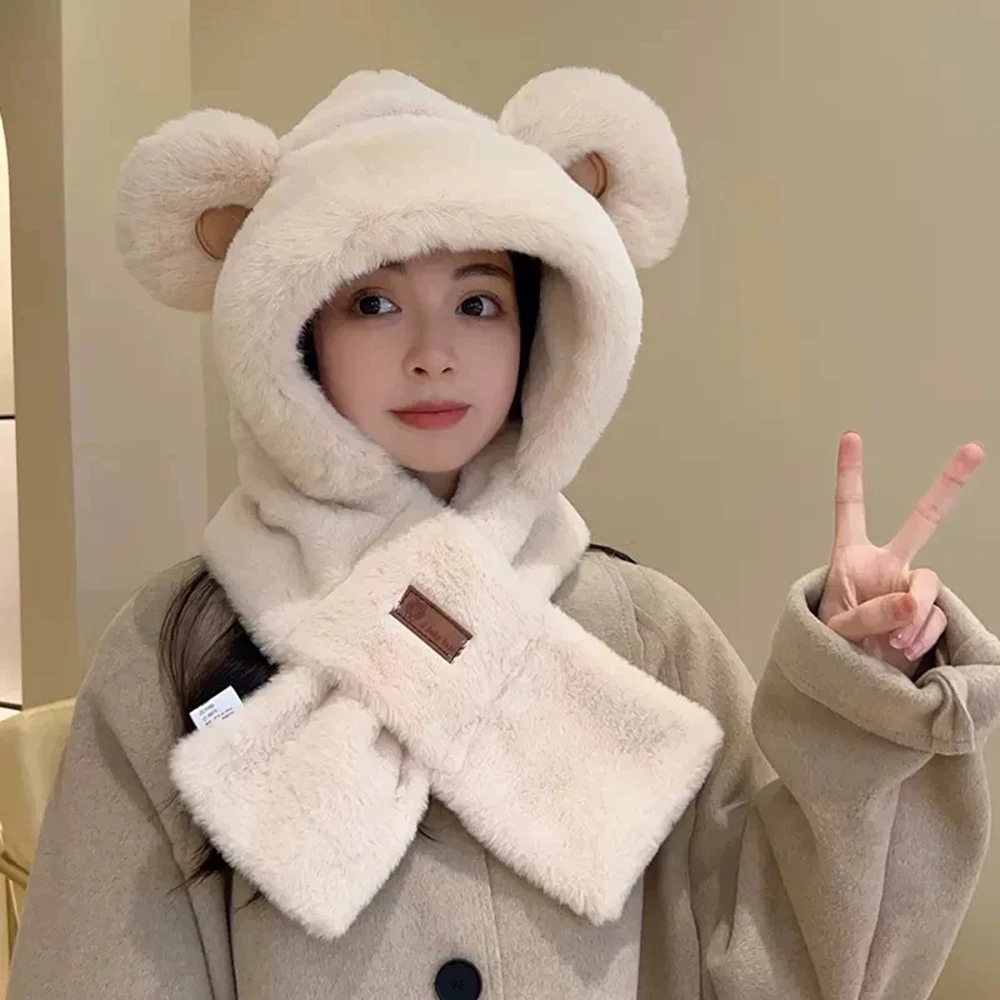 Cute Little Bear Scarf Hat Warm One Piece Hat Female Winter Student Lamb Hair Korean Version Hooded Mask Plush Hat 2