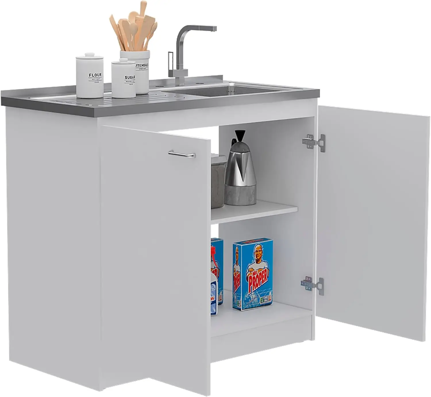 Napoles Utility Kitchen Sink, Storage Cabinet with Shelf and Double Doors – All-in-One Kitchen Sink Cabinet for Home or Laundry