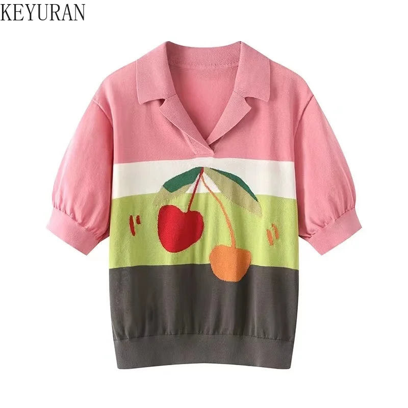 

2023 Autumn Embroidery Cherry Short Sleeve Sweater Women Knit Tshirt Fashion Turn-down Collar Pullover Knitwear Tops Female Tees