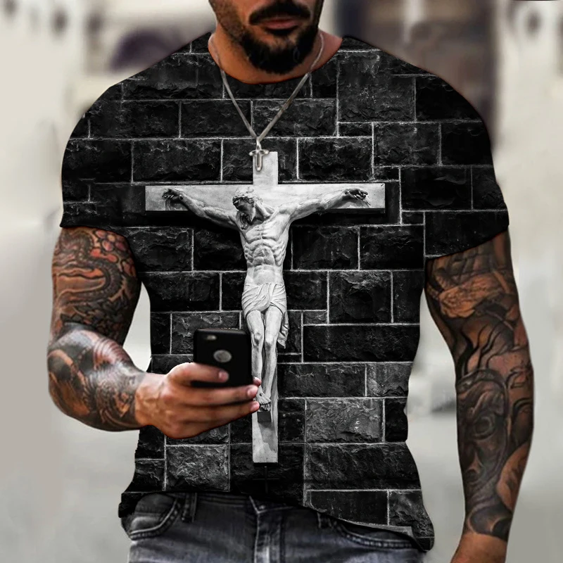 Camiseta de manga curta grande masculina, Deus, Religião, Cristo, Estampa Cruz de Jesus, gola redonda, moda casual, roupa de verão 5 S52a8a0ce40ad4d1eab320d17a8d94acf4