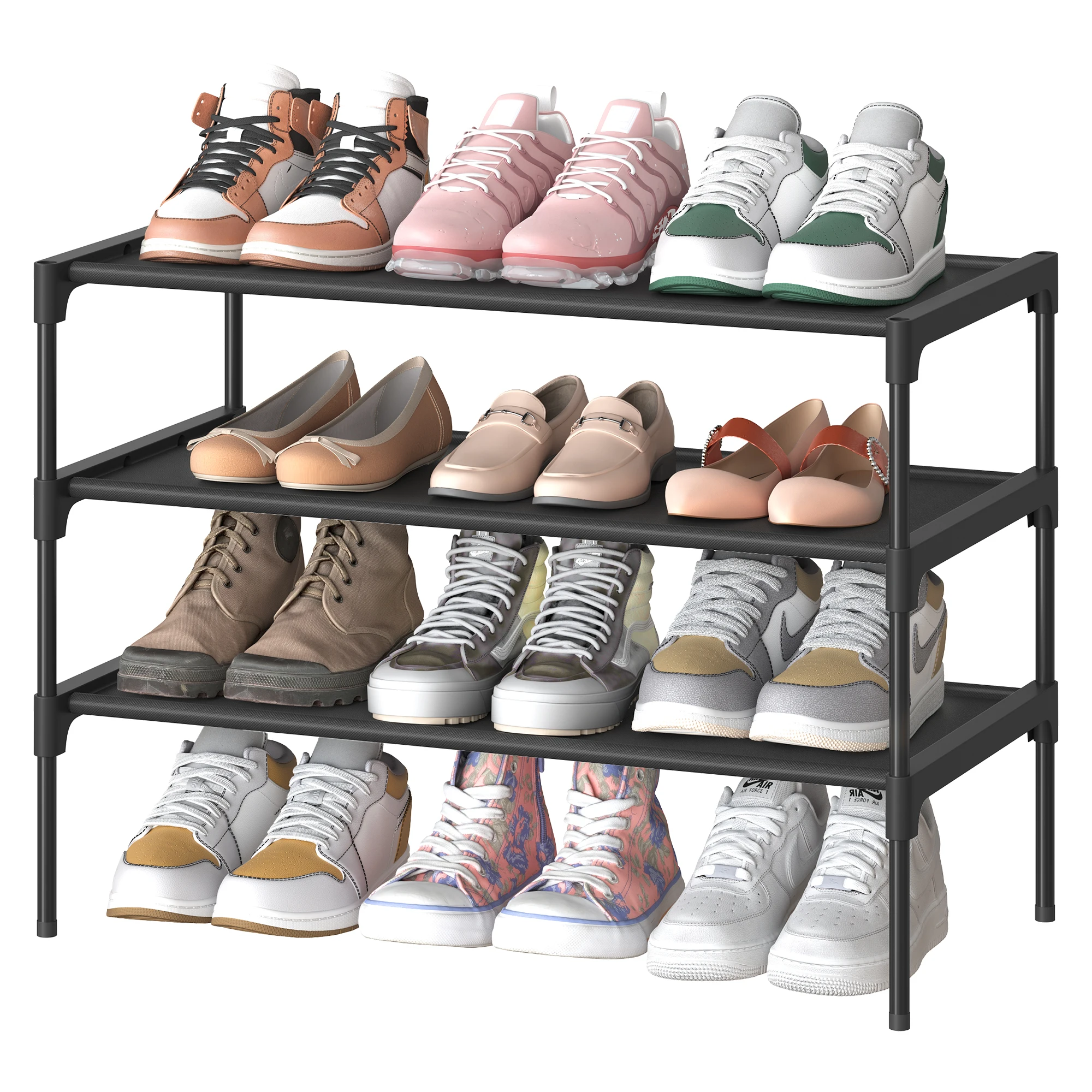 SONGMICS Schuhregal 3 Ebenen, Schuhaufbewahrung, Eingangsbereich, platzsparend, Metallrahmen, Vliesstoff-Ablage, schwarz