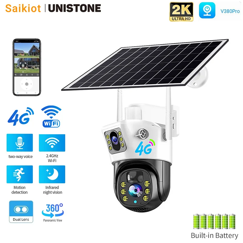 Saikiot V380 Pro 4K 4G Dual Lens Telecamera Solare Wifi Solar Powered Cctv Security Ricaricabile Outdoor Impermeabile V380 Telecamera Solare
