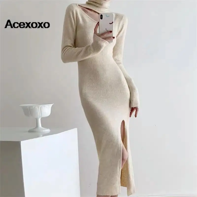 

Осенне-зимнее Новое темпераментное сексуальное платье-свитер с запахом и разрезом