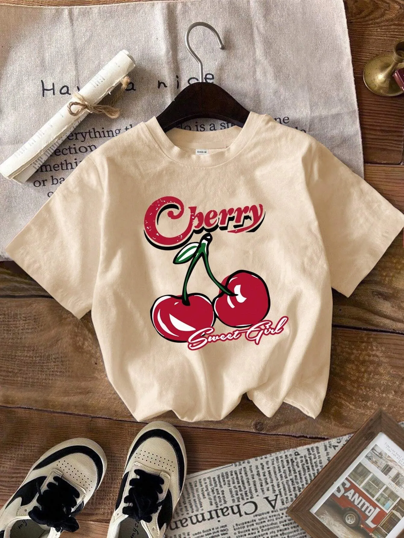 Korean Style Simple Fruit Cherry Print Cotton T Shirt For Kids Adults Trendy Street Harajuku Tees Daily Girls Summer Sweatshirts 3