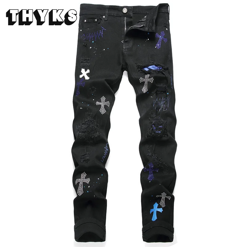 

Street Y2k Jeans Men Embroidery Ripped Jean Hiphop Punk Style Streetwear Pants for Male Slim Stretch Pencil Pantalones Black New