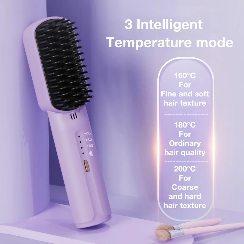 Portable Cordless Mini Hair Straightening Comb with Negative Ions, USB Rechargeable, Anti-Scald for All Hair Types.
