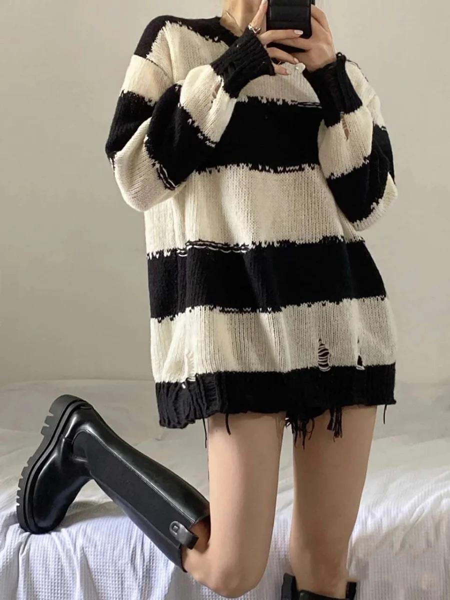 Y2k Fashion Knitted Pullover Women's Japanese Streetwear Ripped Distressed Spring Fashion Tops Vintage Jumpers Harajuku Clothes christmas sweatshirt