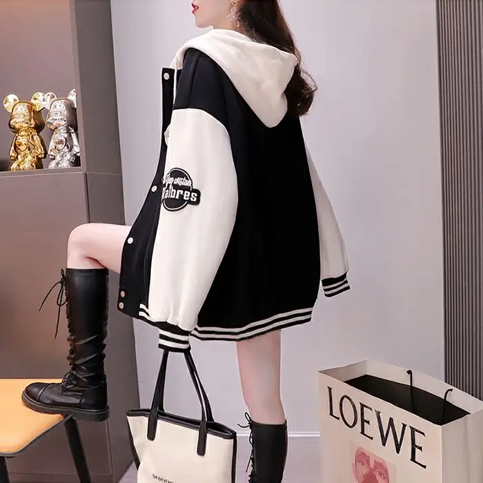 Women's Jacket Spring Autumn Thin Hooded Baseball Clothing American Retro Lazy Style Matching Color Coat Cardigan Blouse Woman