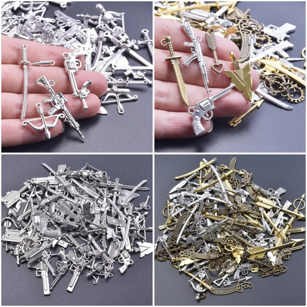 

10PCS New Mixed Alloy Antique Knight Sword Knife Gun Bow Arrow Charms For Jewelry Making Weapons Pendant DIY Handmade Keychain