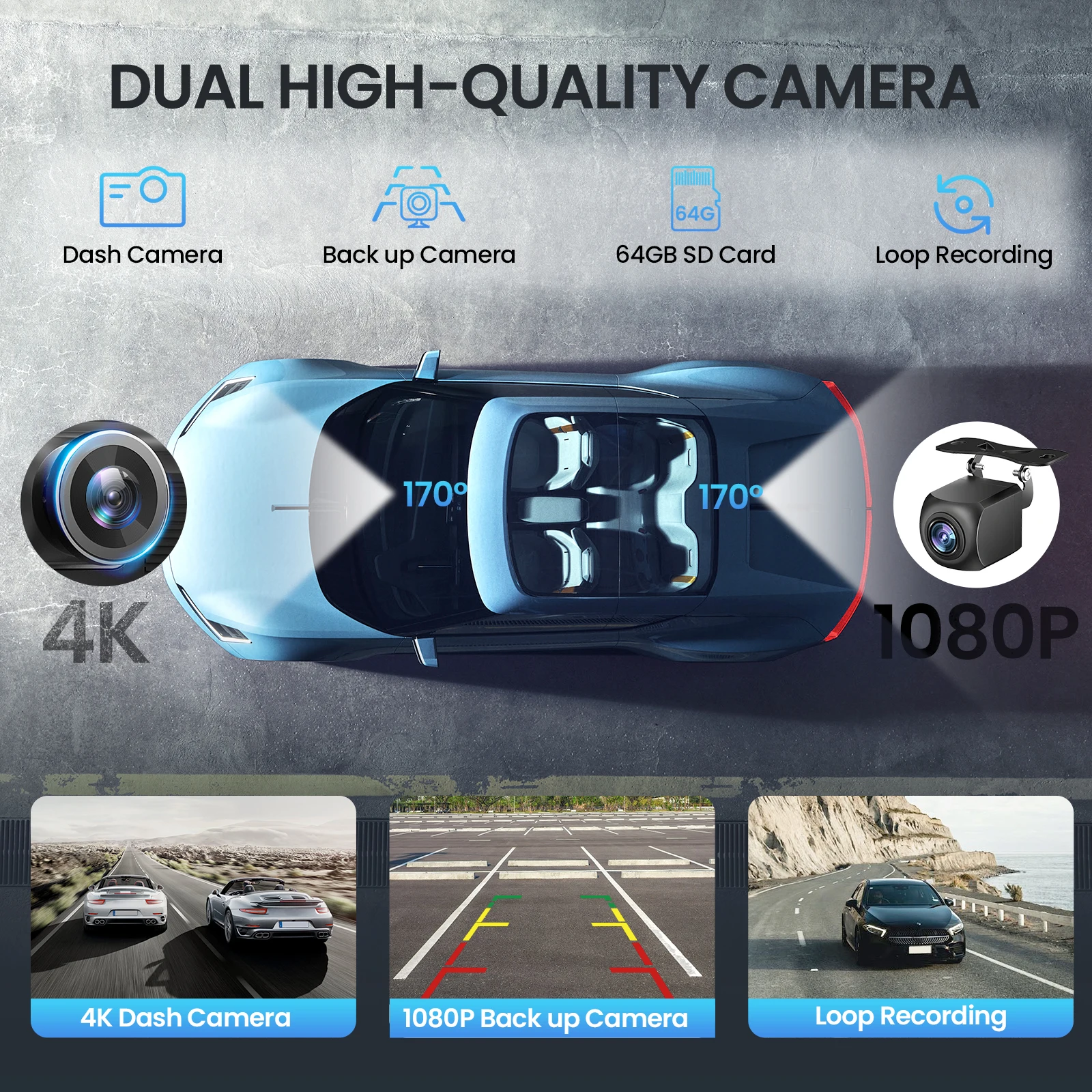 Wireless Carplay Screen 4K Dash Cam 1080P Backup Camera Android Auto GPS Airplay Mirror Link Easy Install 10.26"