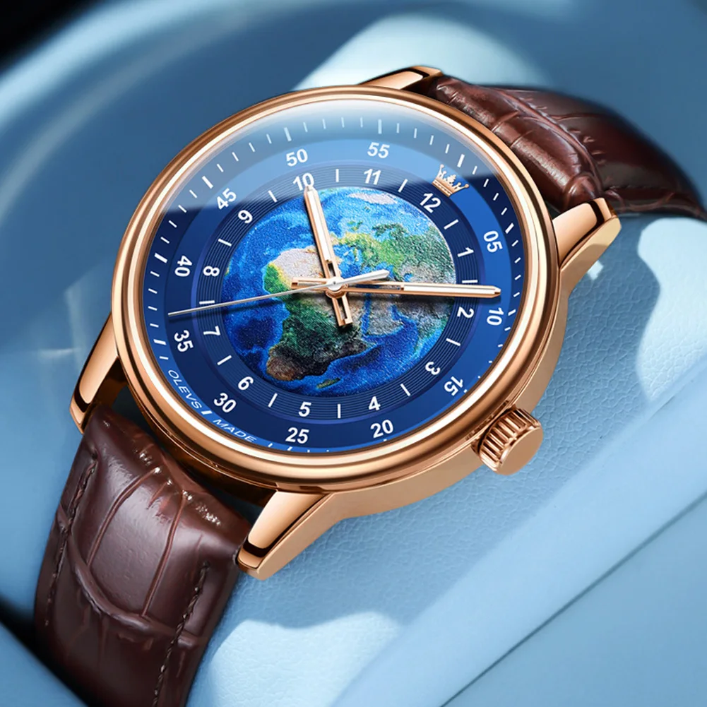 OLEVS New Fashion Globe Pattern Quartz Watch for Men Leather Sport Wristwatch Luminous Hands Waterproof Watches Reloj Hombre