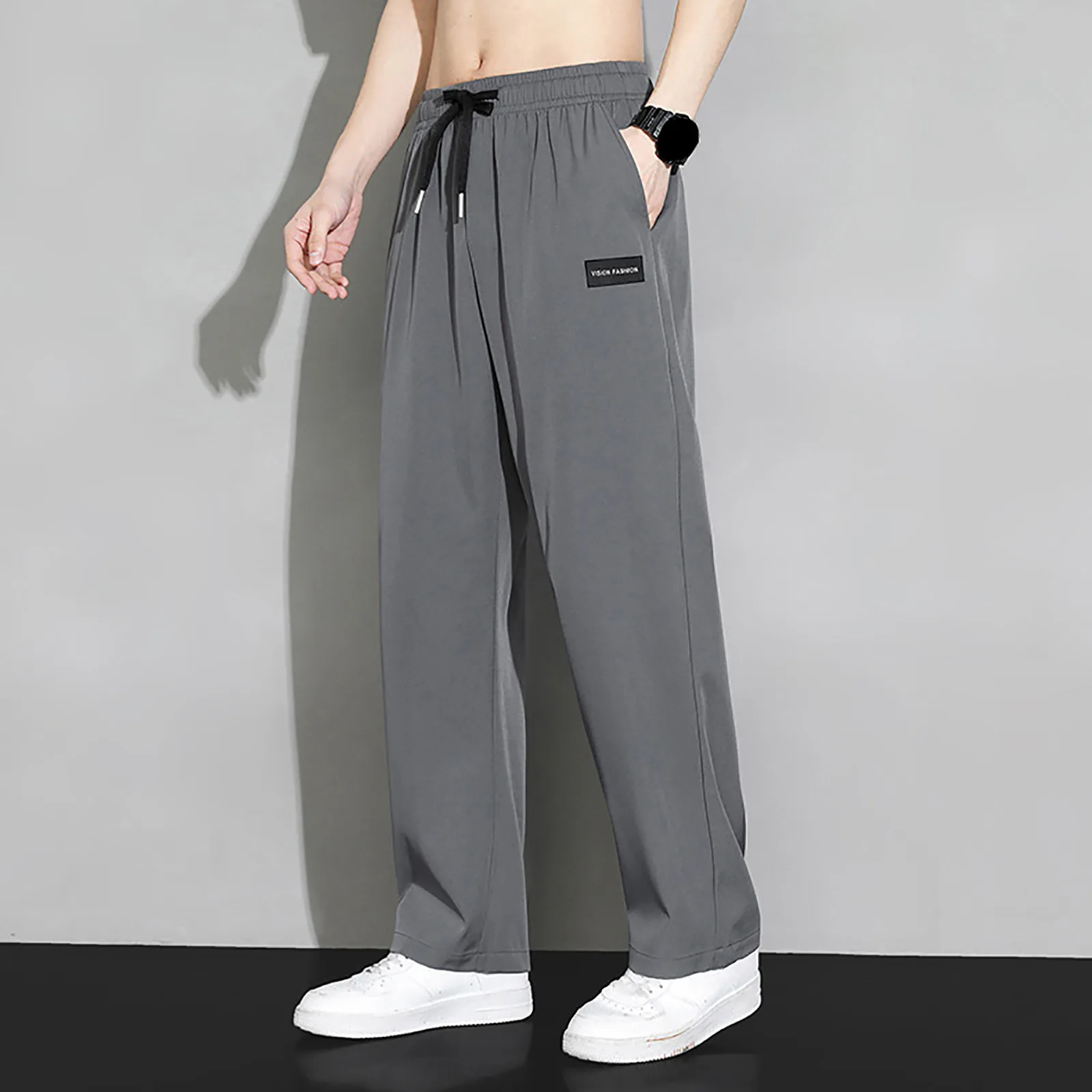 Men Pants Casual Pant Men Solid Baggy Wide Leg Pants Ankle Length Elastic Waist Loose Straight Trousers Tracksuit Bottoms Large Size