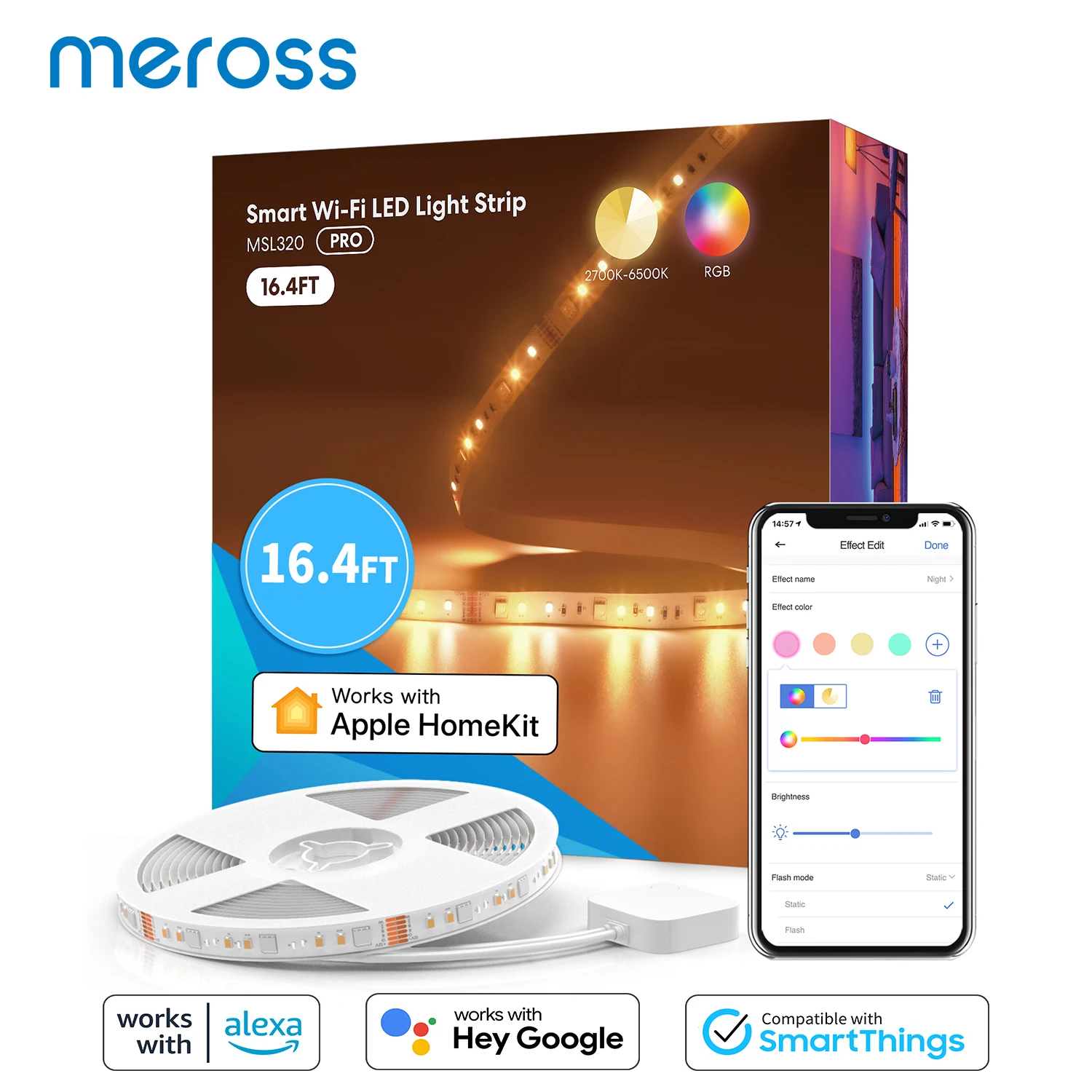 Meross Smart LED Strip Light WiFi Tunnable RGBWW Lighting 12V EU/US/UK/AU Version Support HomeKit Alexa Google SmartThings 5M