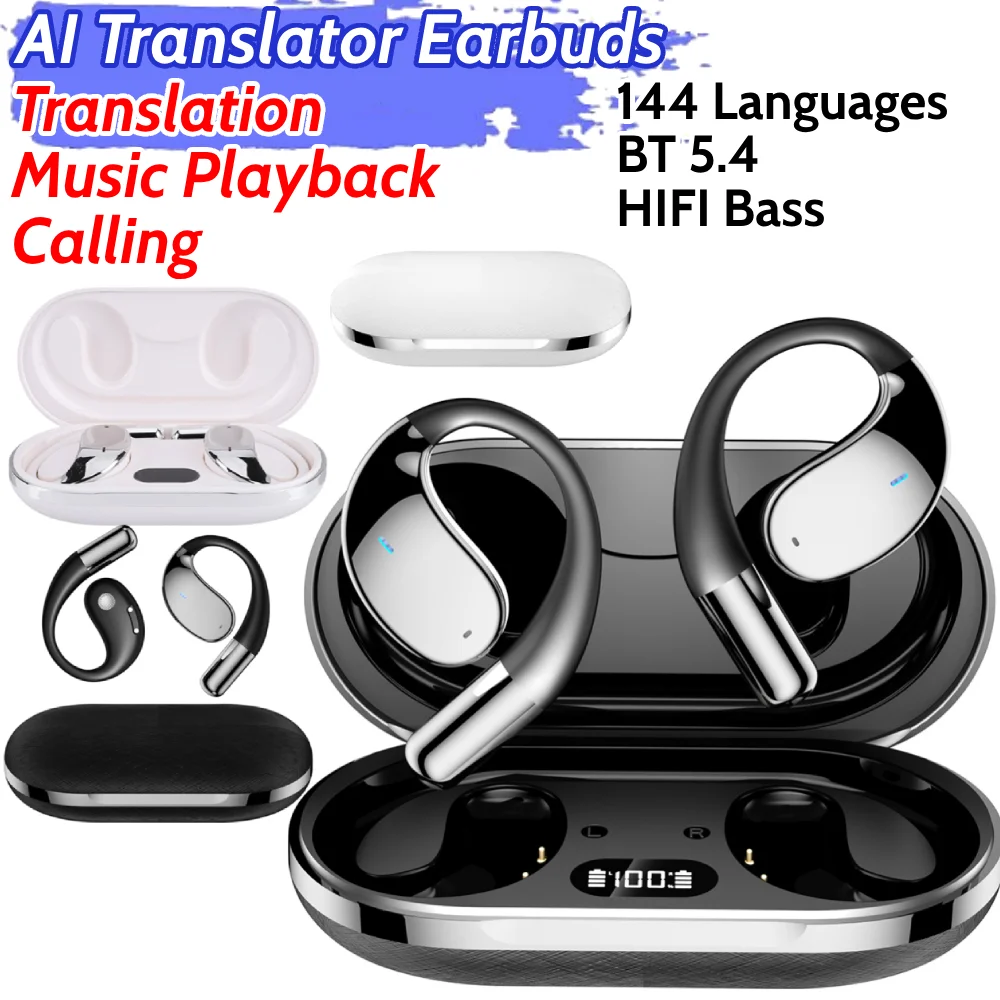 Wireless Earbuds Translator Earbuds Translator Earphones Translation Headset Wireless BT Translation Earbuds HIFI Bass ENC Noise Reduction 144 Languages Real Time Ai Translating OWS Open