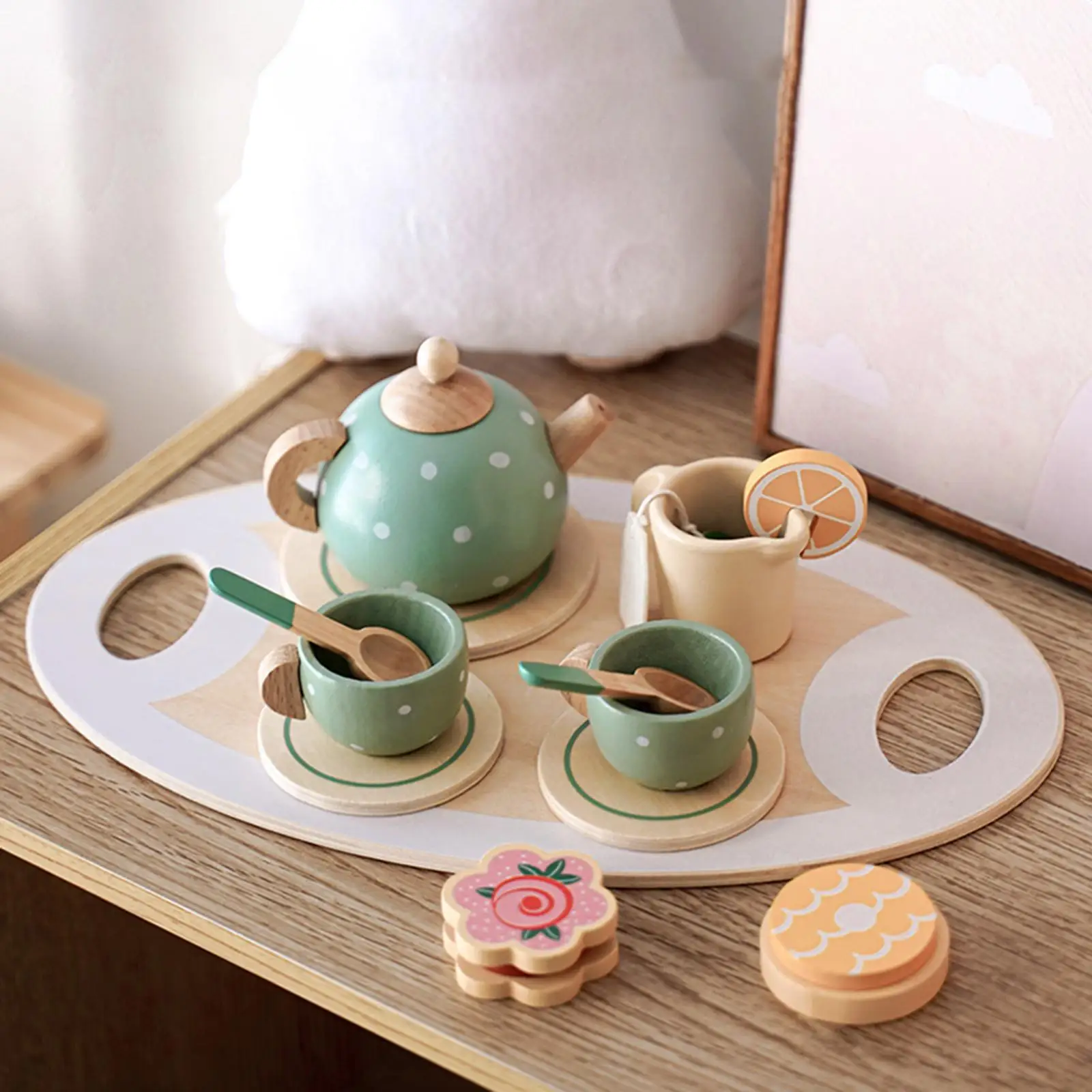 

15 Pieces Tea Party Tableware Wooden Handiccraft Toy Kitchen Pretend Play Set for Toddlers Kids Birthday Gift Favors
