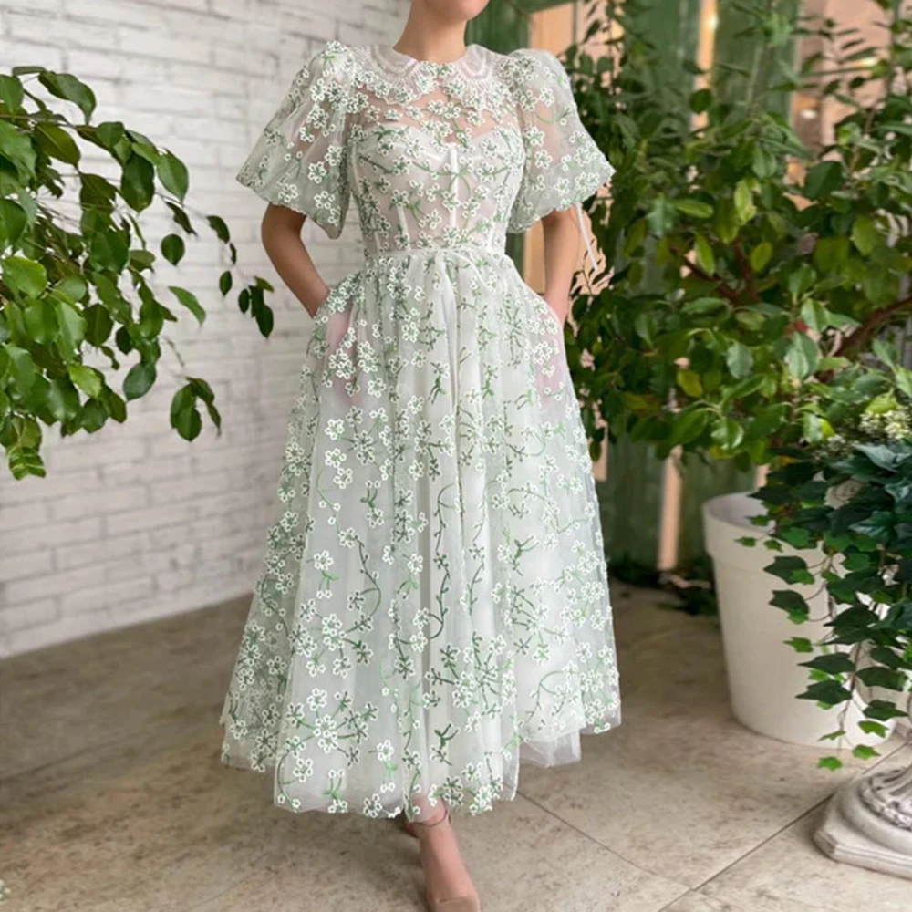 

Simple Party Dresses O-Neck A-Line Half Sleeve Appliques Pockets Draped Belt Ankle-Length Tulle Oversize Illusion Evening Dress