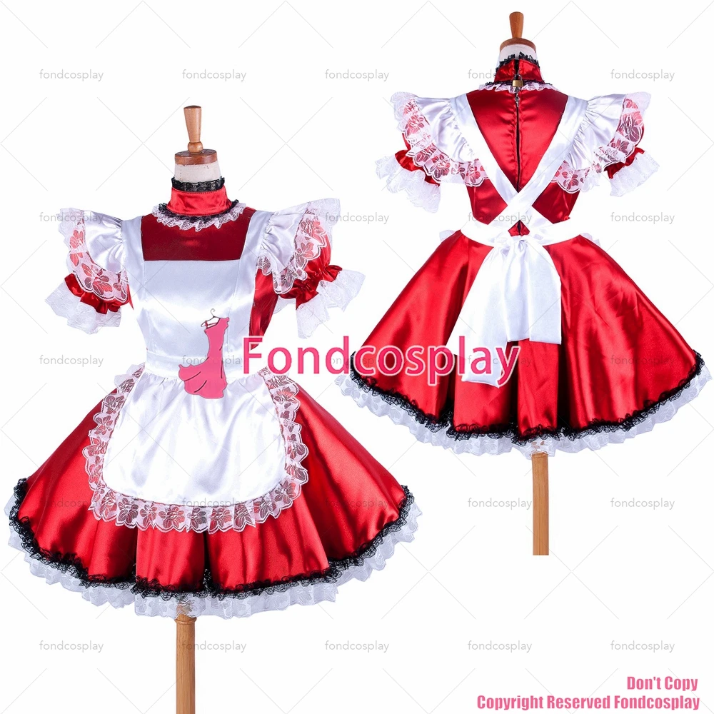 

Сексуальная одежда для взрослых с крестом fondcosplay, блестящее короткое красное атласное платье, Запираемая униформа, белый фартук, костюм для CD/TV[G334]