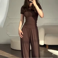 Casual Long Pants Suits Women O-neck Short Sleeve T-shirt Elastic Waist Trousers Set Spring Summer Solid Lady Household Clothes - Image 4