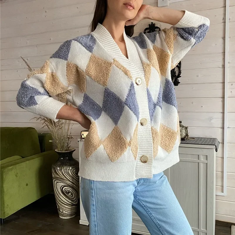 

New Long Sleeve Argyle Winter Plaid Cardigans Sweater Casual Vintage Loose Women's V Neck Knitted Cardigan Women Jacket 28889