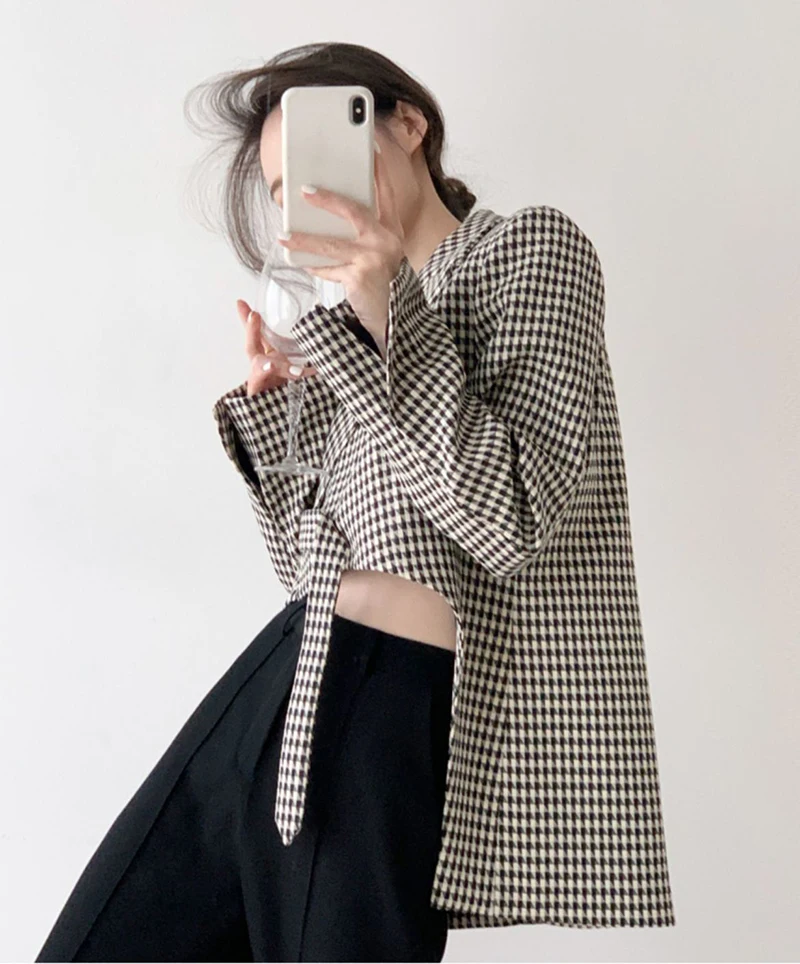 Houndstooth Plaid Blazer Women’s Black Irregular Suit Jacket Streetwear Korean Ribbon Cropped Womens Coat Office Lady Elegant Striped Jackets Outwear Plus size Blazers for Woman 