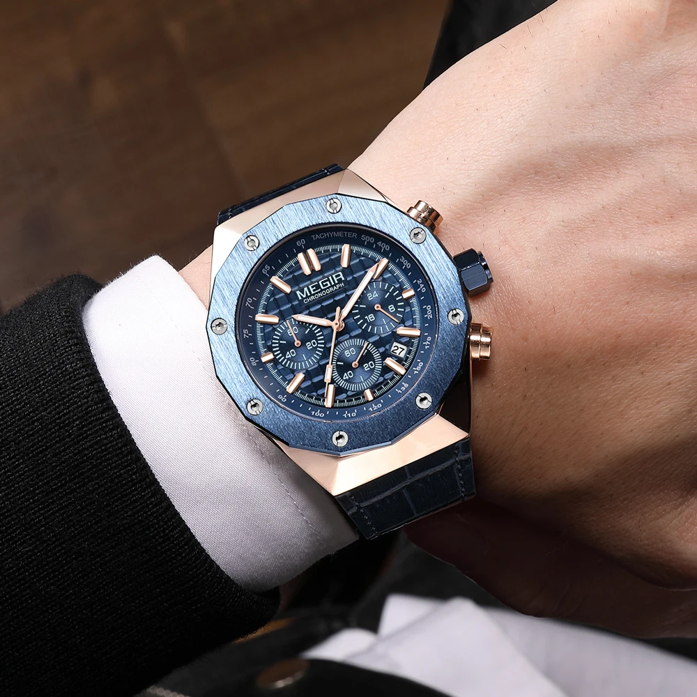 Montre-bracelet à quartz chronographe de luxe pour homme, marque MEGIR, boîtier polygonal, mode décontractée, affaires, cadeau masculin, avec date automatique_voghion.com