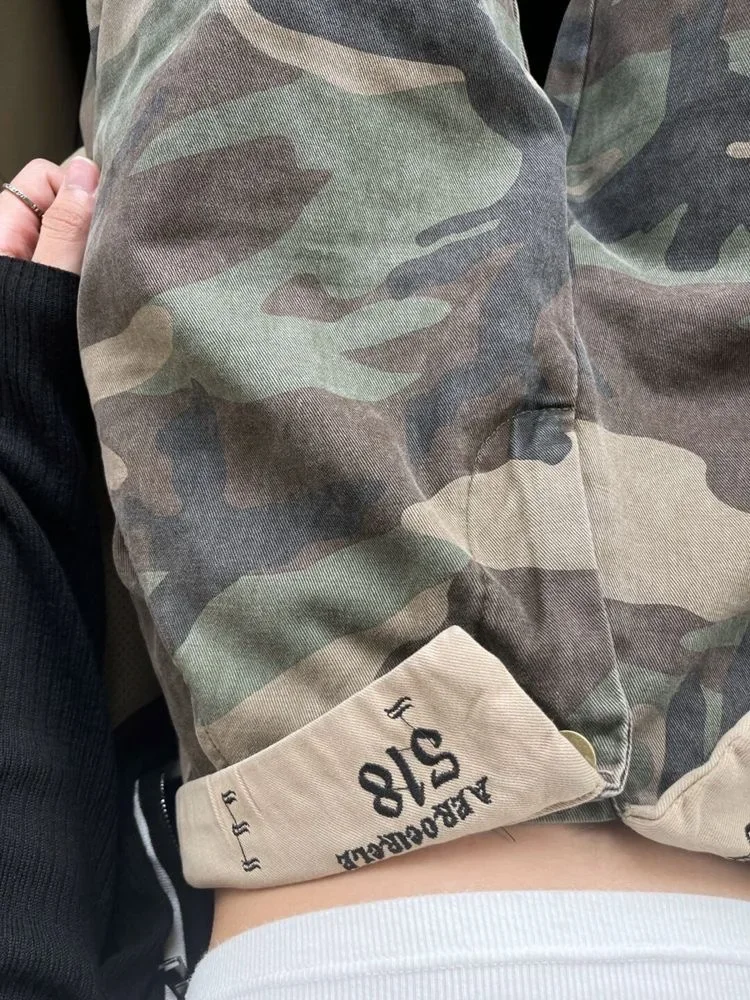 Woman American Spice Girls Camouflage Work Jeans Women Summer Flap High Street Design High Waist Straight Thin Wide Leg Trousers 3