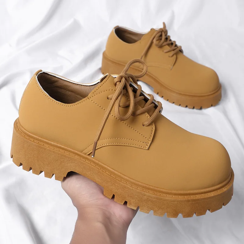 Men's British Low-Top Yellow Derby Work Boots Big Round Toe Chunky Sole Leather Shoes Durable Non-Slip Casual Comfort Footwear