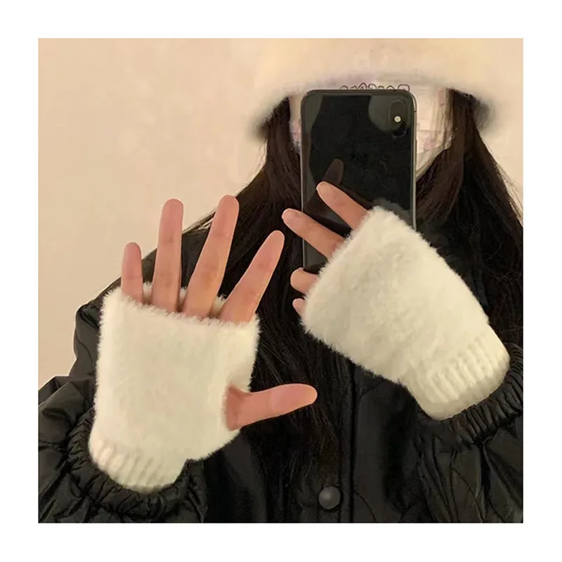New Solid Color Plush Gloves Women in Autumn and Winter Warm Luxury Woolen Knitted Touch Screen Open Finger Half Finger Gloves