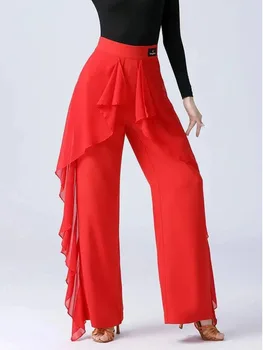 Pantaloni da valzer da sala da ballo in tinta unita Abbigliamento da ballo Classico di lusso a vita alta da competizione Pantaloni da jazz standard con volant da donna latina 1
