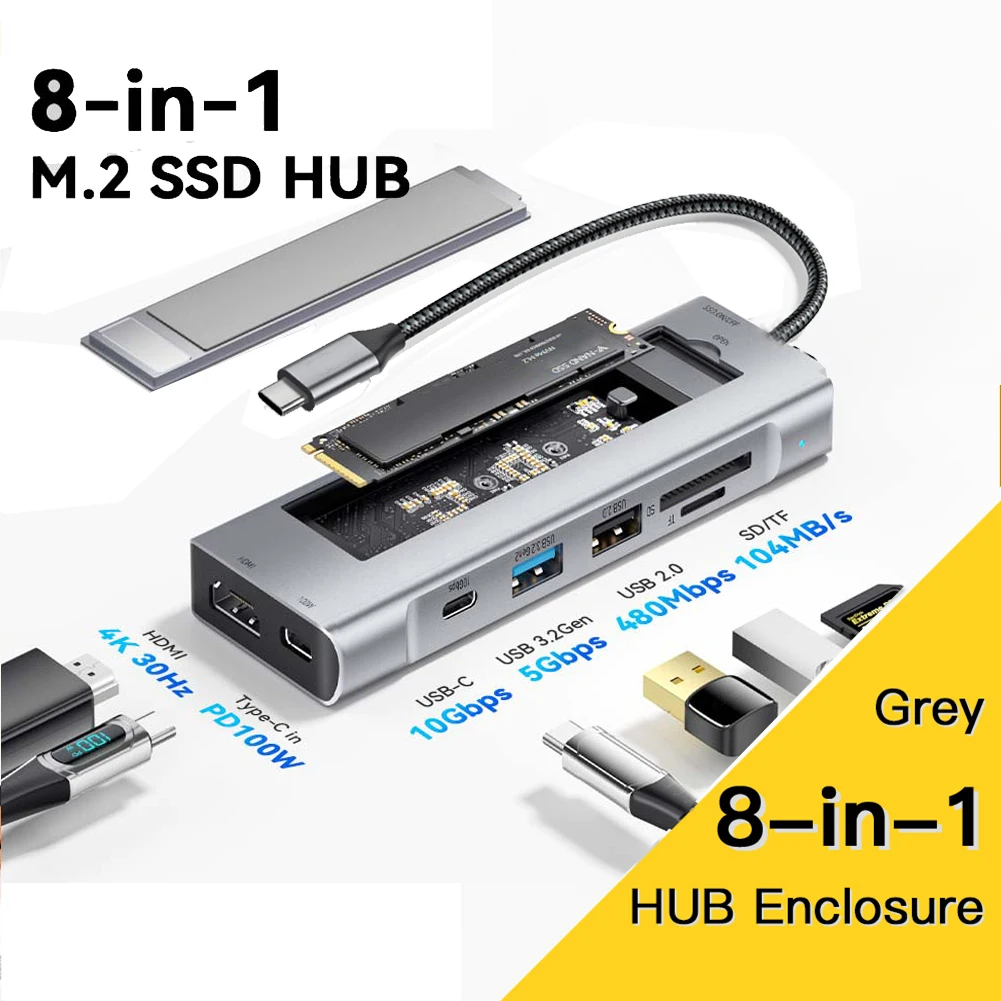 Usb Hub With Disk Storage Hub Usb 8-em com Armazenamento de Disco M.2 Ssd Usb Tipo-c para Adaptador Compatível com Hdmi Laptop Dock Station para Macbook Pro Air m1 m2 8-in1