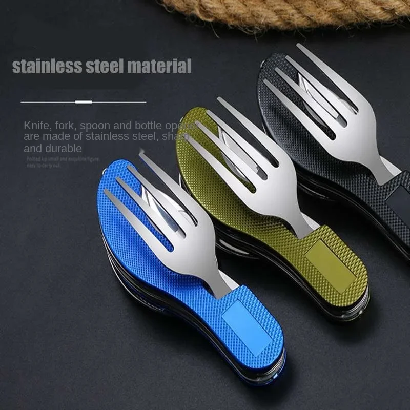 Tablespoon Set 4 In 1 Foldable Spoon Knife fork bottle opener Stainless Steel Folding Pocket Kits Outdoor Tableware Set cutlery set