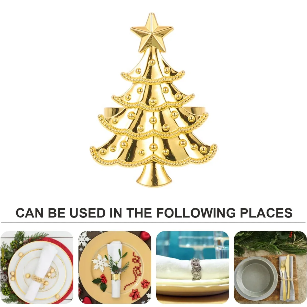 Gold Christmas Tree Napkin Ring Set 4