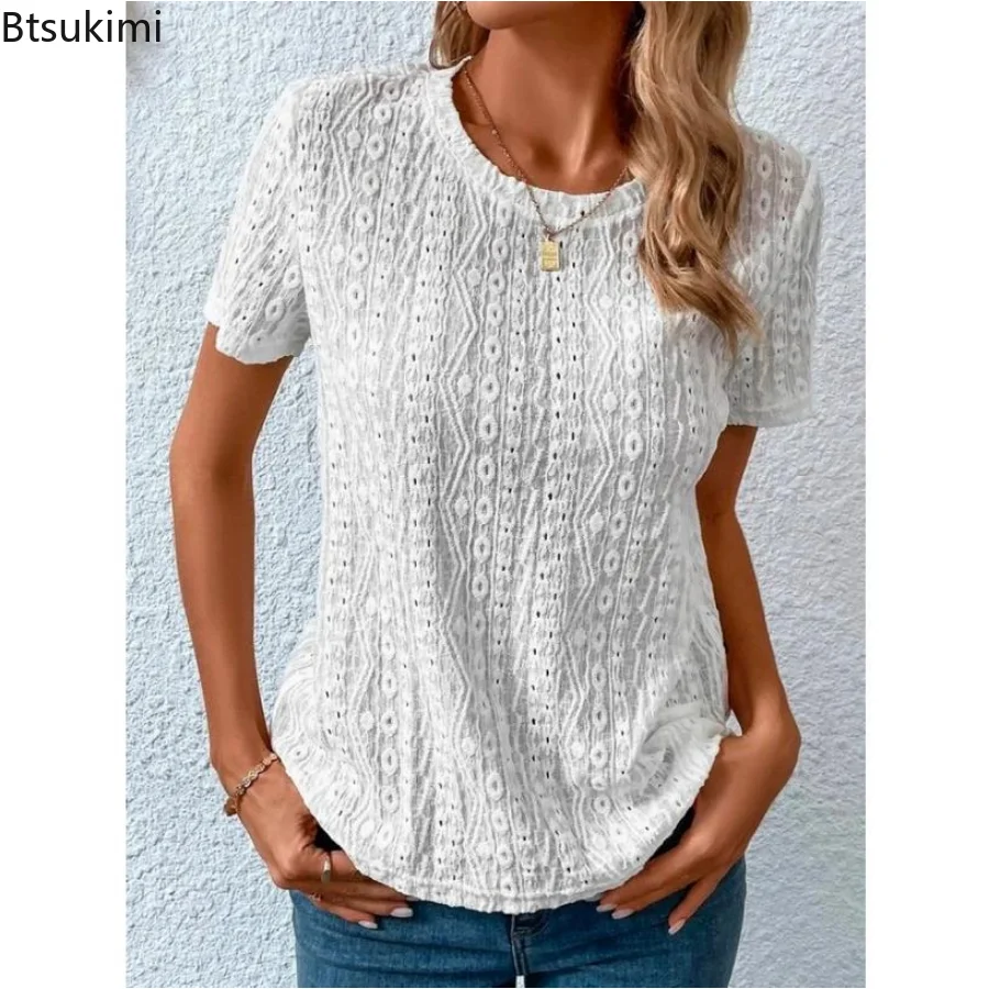 

New 2023 Women's Summer Vintage Shirts Pullover Casual Round Neck Hollow Short Sleeve T-shirt Loose Solid Versatile Shirt Female