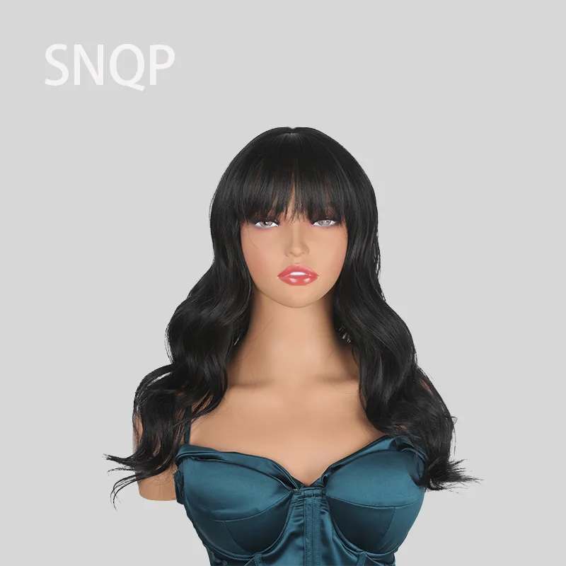 

SNQP Black Wavy Curl Long Wig with Bangs New Stylish Hair Wig for Women Daily Cosplay Party Heat Resistant Natural Looking