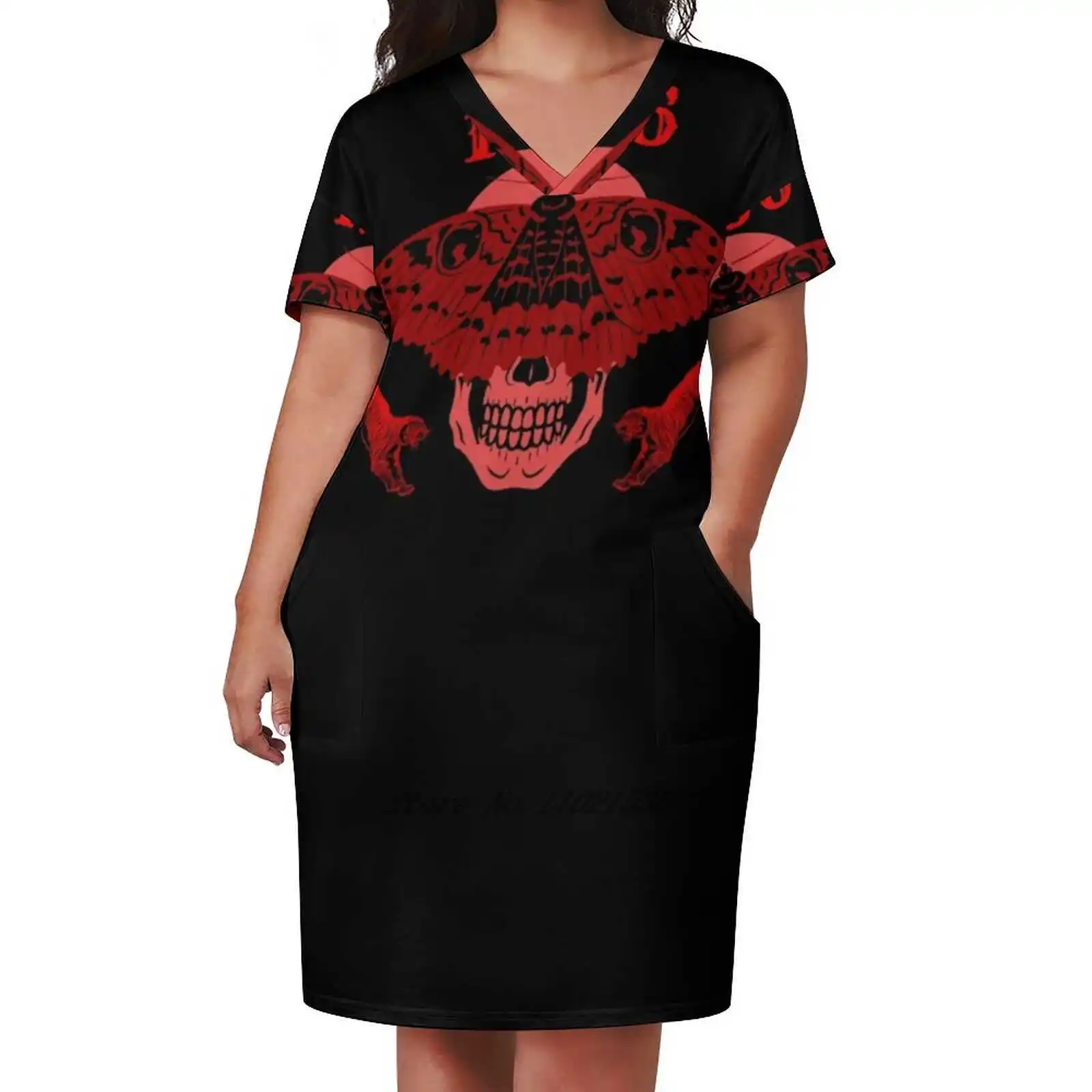 

1986 Red Black Skull - Loose Pocket Dress Fashion Print Dress Short Sleeve V-Neck A-Line Dress Skull Butterly Green Roses Like
