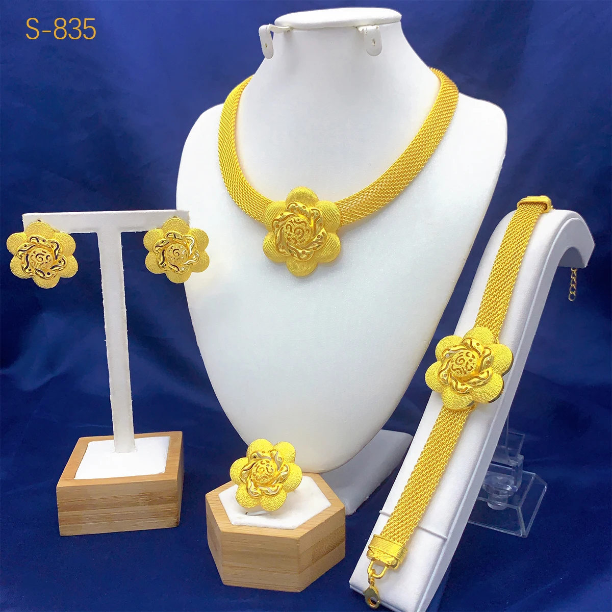 Dubai Indisch-Afrikanisches Netz-Chan-Halsketten-Ohrringe-Schmuckset für Damen, vergoldet, Nigeria, Braut, Hochzeit, Party, Geschenk, Schmuck