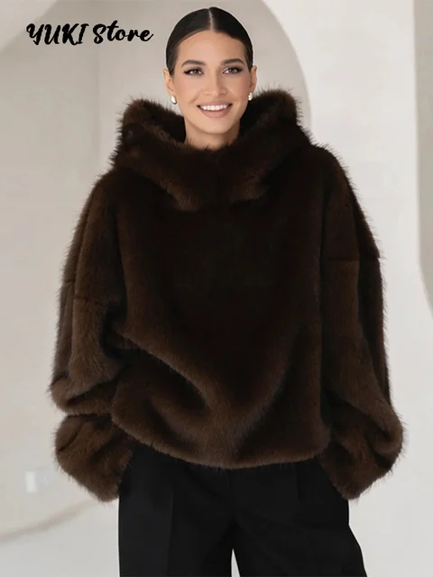 Furry Hooded Faux Fur Coats Women Loose Long Sleeve Warm Brown Pullovers 2025 Autumn Winter Lady Street Fashion Outwear 1