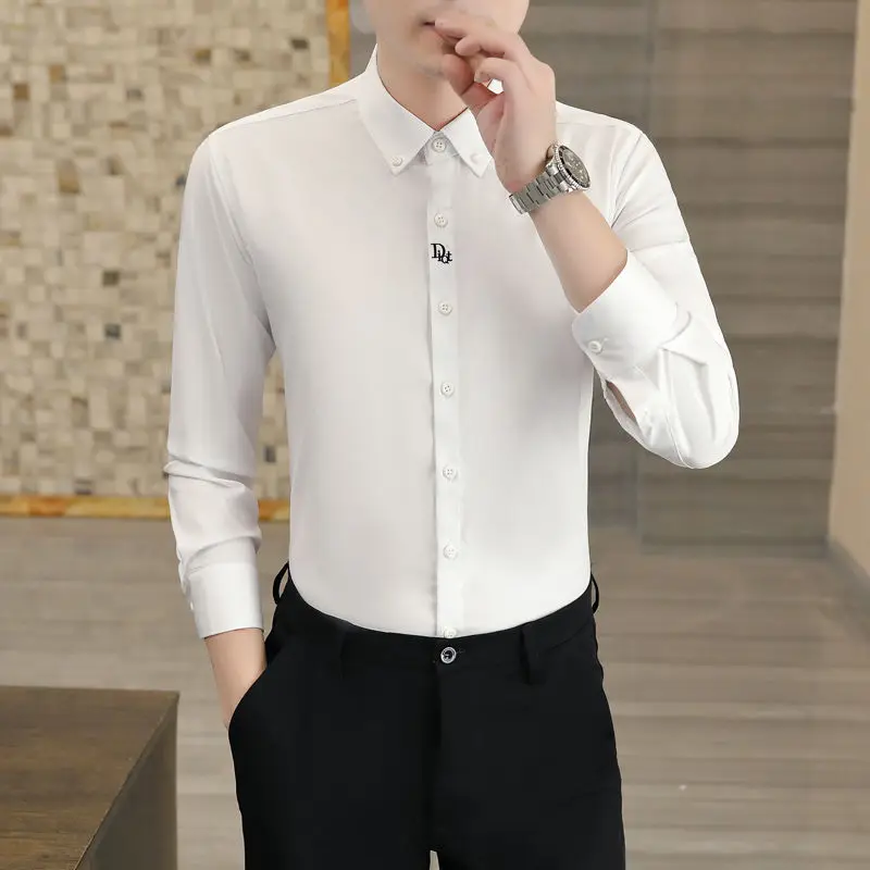 Spring and Autumn Men's Cardigan Single Breasted Solid Embroidered Polo Collar Long Sleeve Shirt Fashion Business Casual Tops