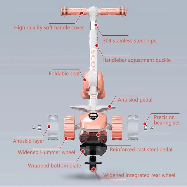 Children's Scooter 3 Wheel Widened Wheel Music Folding Adjustable Height 3-12-year-old One Legged Scooter Kids Sports Toy Gifts 4