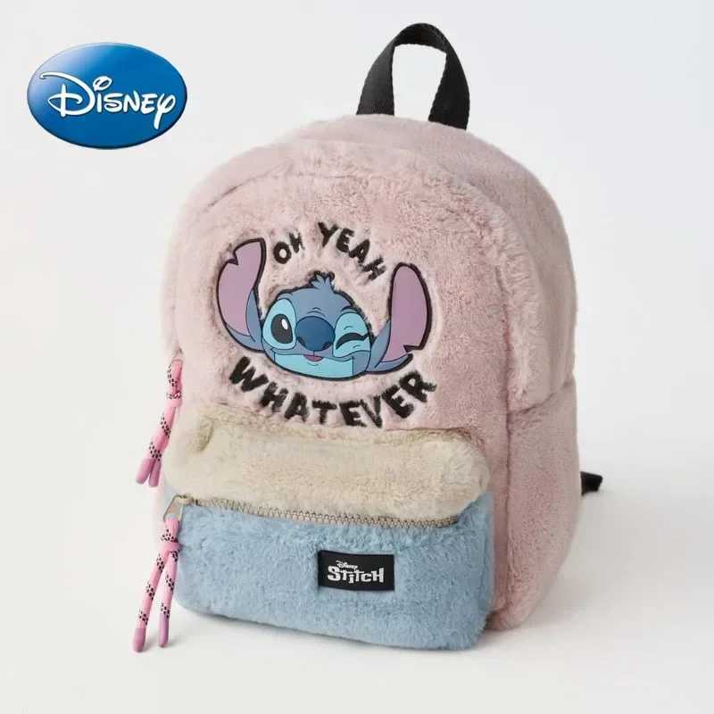 children backpack children bag students backpack Disney's Stitch Plush Children's Genuine Leather Pink Big Ears Alien Head Color Block Backpack